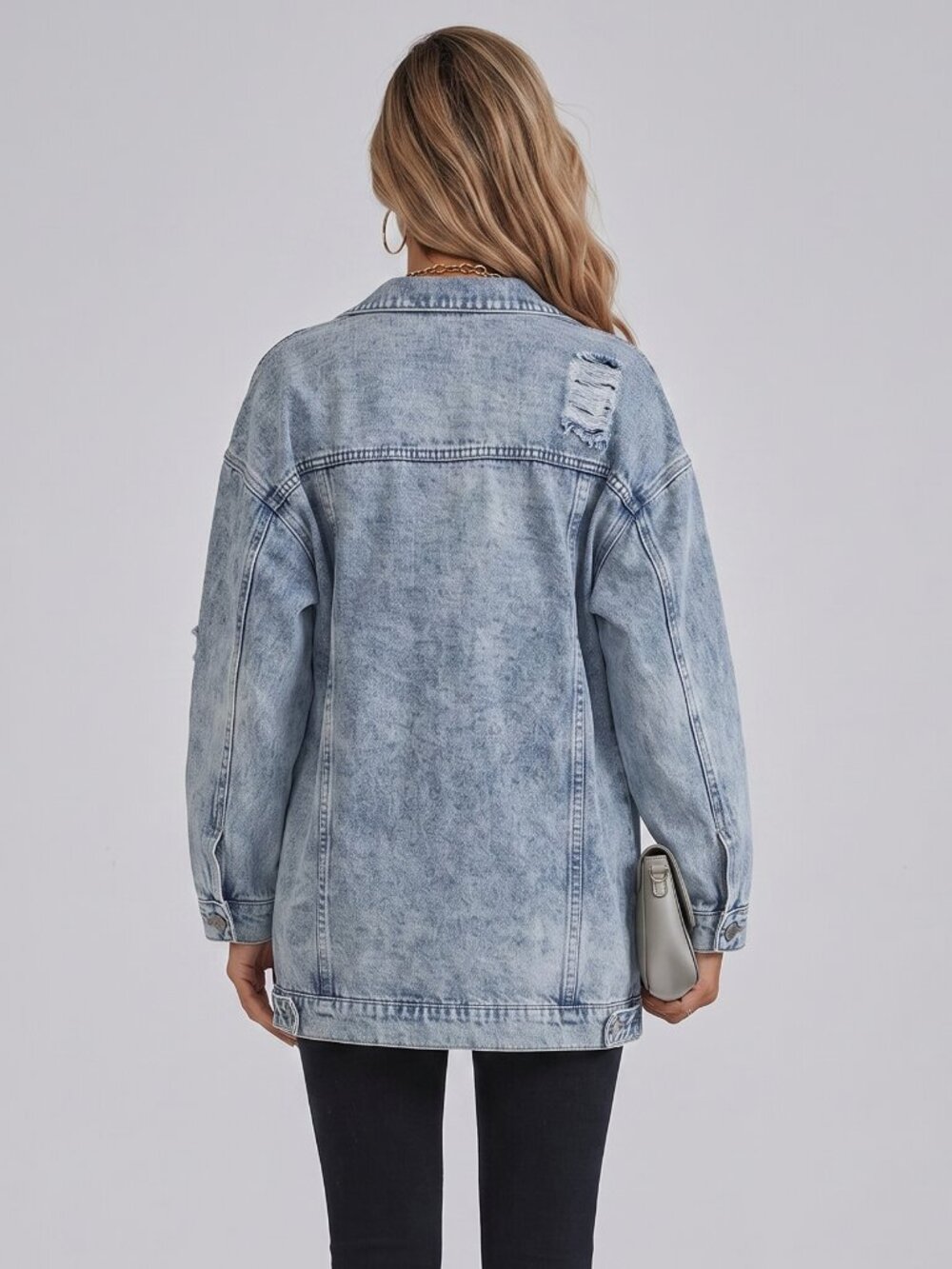 Women's Blue Denim Jacket Button Front Flap Pocket Drop Shoulder Oversized - Picture 2 of 3